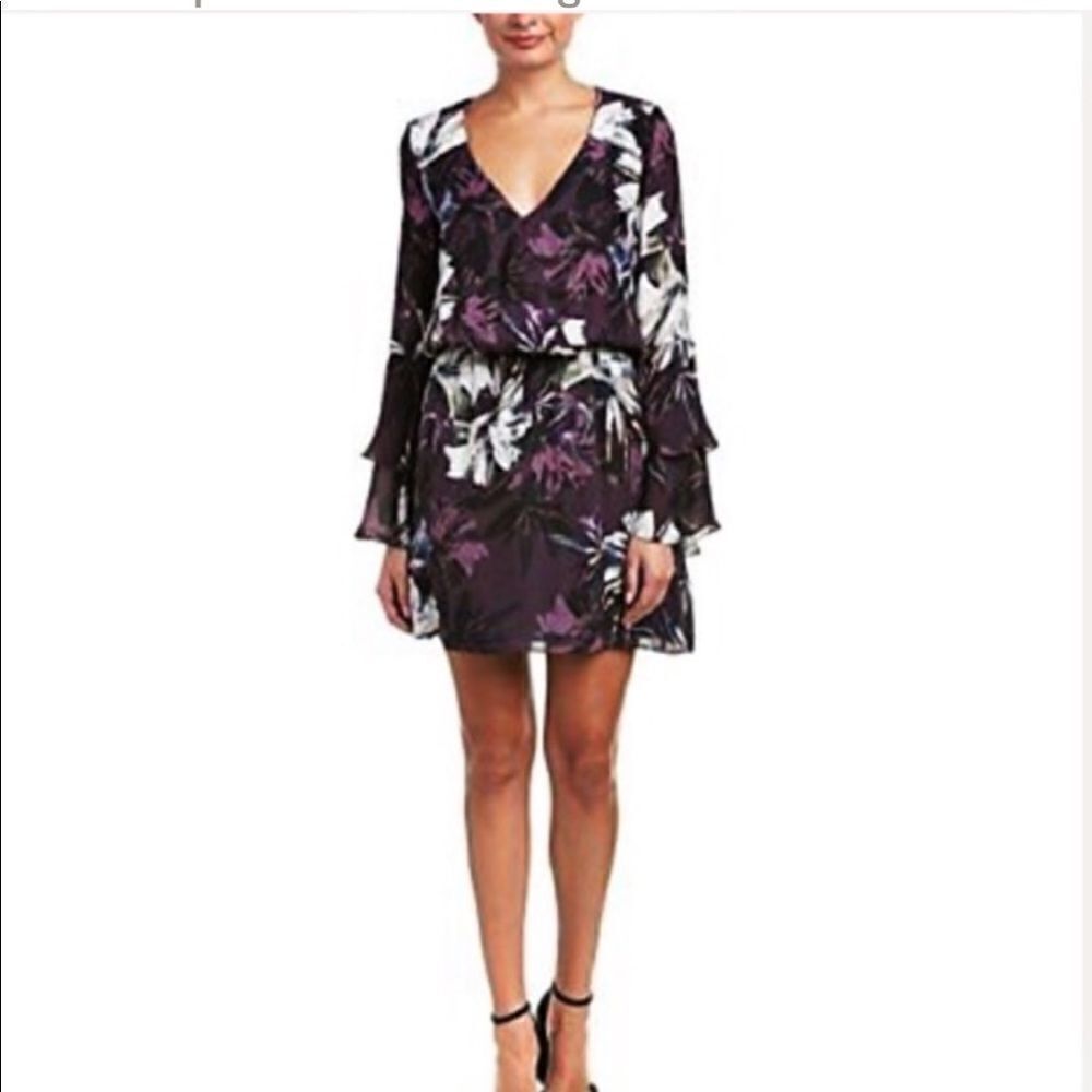 Parker purple floral bell sleeve slit back silk surplice dress size small